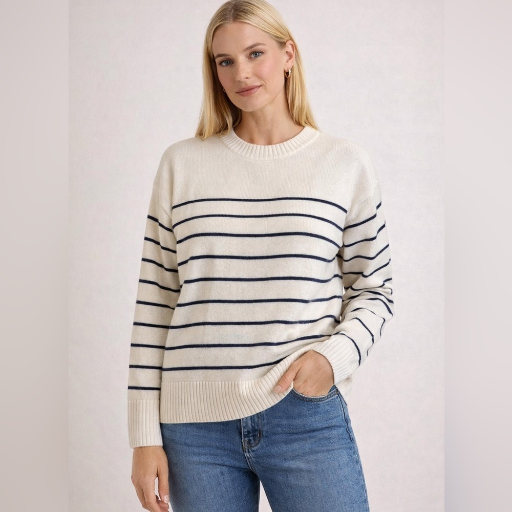 Zara Womens Striped Knit Sweater White Black Crewneck Raglan Size M